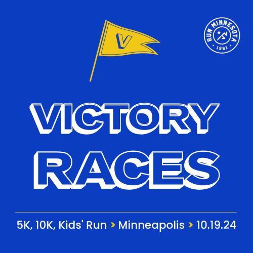 Victory Logo in white and yellow flag graphic on blue background